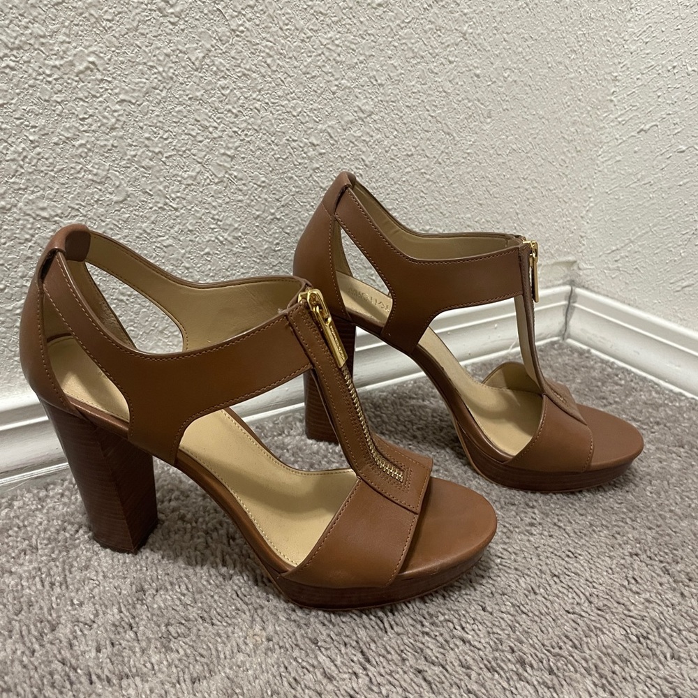 Michael Kors Brown Leather T-Strap Block Heel Sandals
